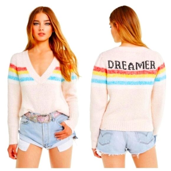 WILDFOX DREAMER RAINBOW STRIPE V NECK KNIT DISTRESSED SWEATER - Picture 2 of 12
